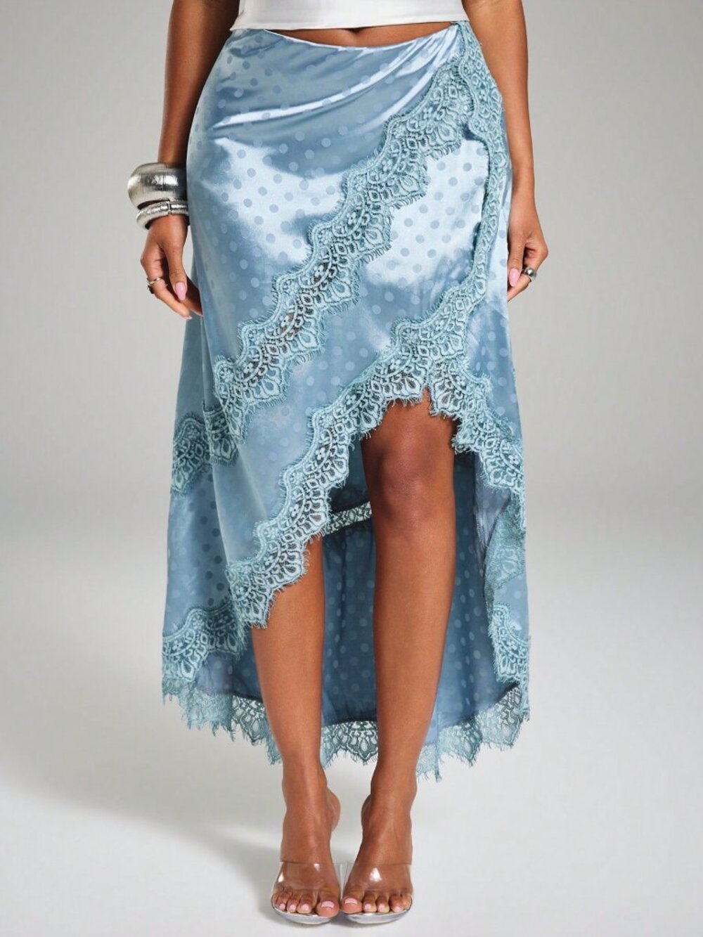 Blue Elegant Women's Maxi Length Lace Trim Polka Dot Sexy Skirt